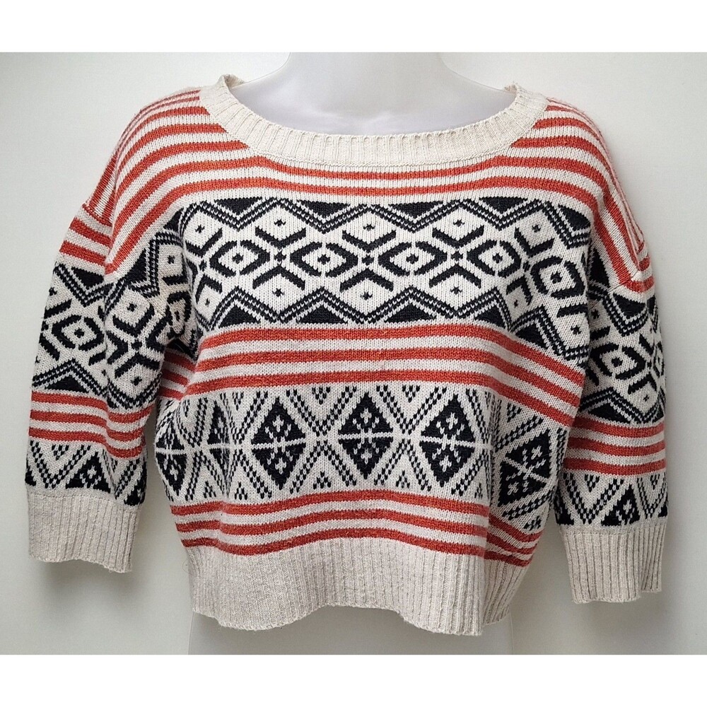 Forever 21 Women’s Cropped Pullover Sweater Black Red Off-White 3/4 Sleeve Sz S